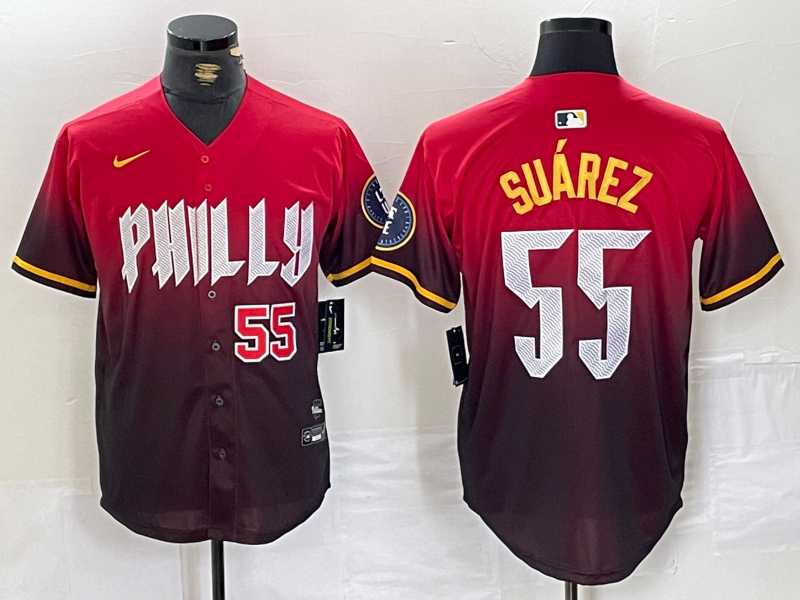 Men%27s Philadelphia Phillies #55 Ranger Suarez Red 2024 City Player Number Cool Base Jerseys